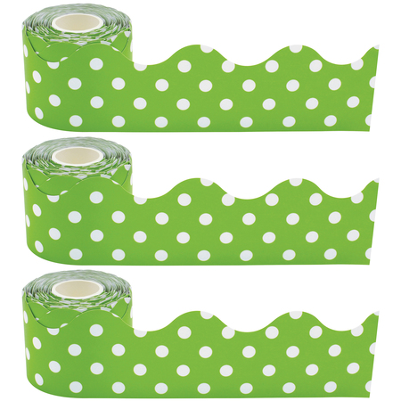 TEACHER CREATED RESOURCES Lime Polka Dots Scalloped Rolled Border Trim, 50 Feet Per Roll, PK3 TCR8945